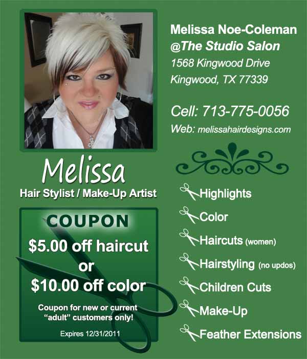 Kingwood Hair Stylist and Make-up Artist, print out the ad coupon and save. Hair stylist, highlights, color, haircuts women and children.